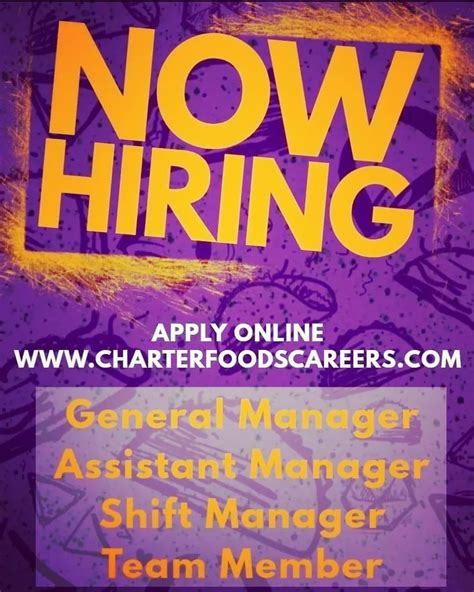 To find a location near you or apply visit www. . Charterfoodscareers com